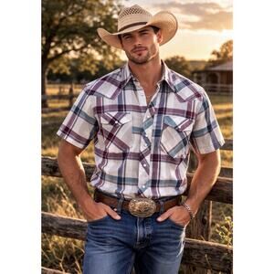 Vintage Stagecoach Western Shirt XXL Big Man Plaid Pearl Snap Short Sleeve New